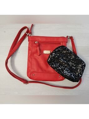 Nine West 2 Bag Bundle: Red Crossbody & Silver Sequin Clutch